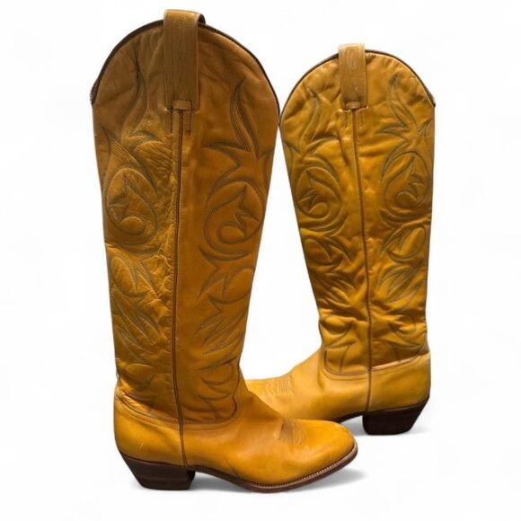 Tony Mora Cowboy Boots Yellow Tall Western Wmns Size 8.5 Stitched Leather 6400 5 - Picture 2 of 12